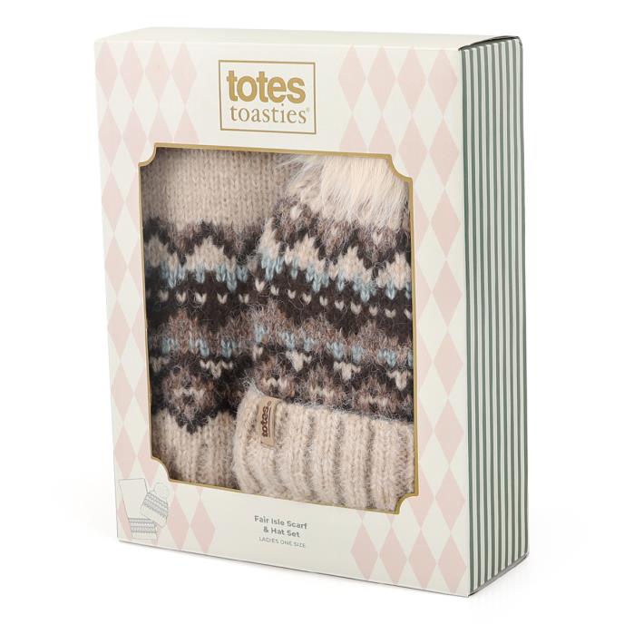 totes toasties® Ladies Fair Isle Scarf & Hat Set Grey Extra Image 1